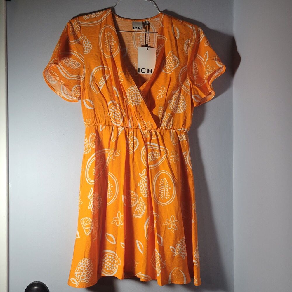 ICHI Orange & White SUMMER Fruit Design Dress Short Sleeve  NWT Size S